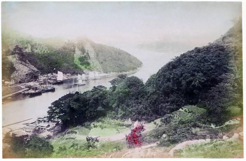 1899art Nagasaki Bay, Japan, with the island of Takaboko. Handcolored 1900s 1899art. Historical photograph from the 1899art Archive.