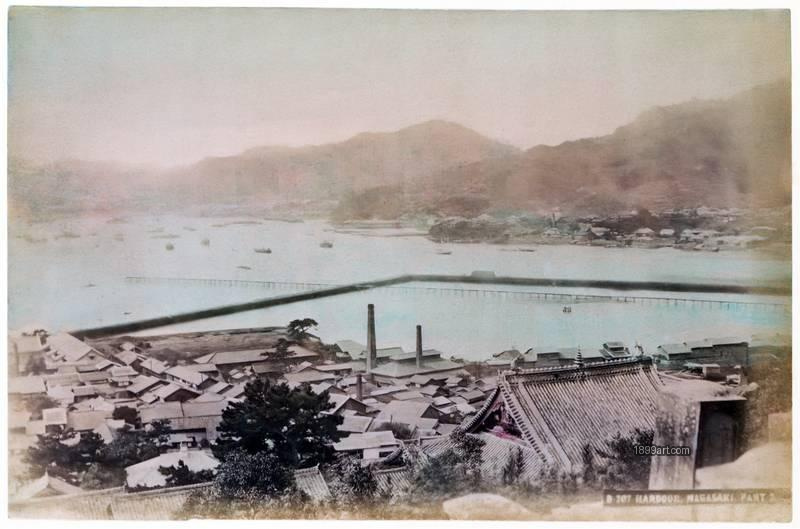 1899art Historic view of Nagasaki Harbor and the foreign settlements of Ōura and Higashiyamate, Nagasaki, Japan, photographed around the 1870s. Historical photograph from the 1899art Archive.