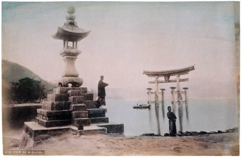 1899art Japan Historic view of the Itsukushima Shrine and its famous “floating” torii gate on Miyajima Island, Japan. Handcolored 1890s 1899art. Historical photograph from the 1899art Archive.