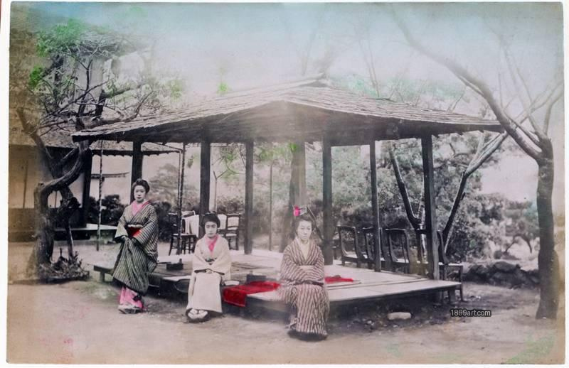 1899art Japan Women in Kimono at Teahouse in Suwa Park, Yokohama Handcolored 1900s 1899art. Historical photograph from the 1899art Archive.
