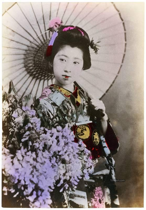 1899art Japan, Yokohama: Kusakabe Kimbei — Maiko with Parasol Handcolored 1900s 1899art. Historical photograph from the 1899art Archive.