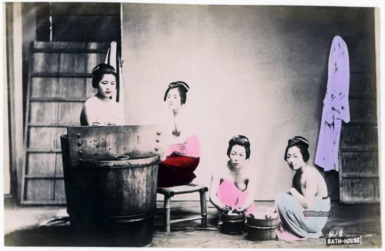 1899art Japan Yokohama Shashin — Home Bathing (B 1098) Traditional Bathing Handcolored 1900s 1899art. Historical photograph from the 1899art Archive.