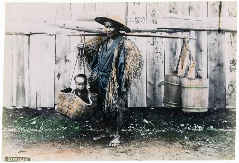 1899art Japanese Farmer Carrying a Child — Rural Life in the 1890s Handcolored 1900s 1899art. Historical photograph from the 1899art Archive.