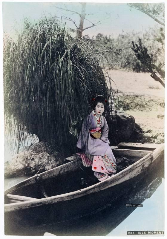 1899art Japan. Idle Moment (No. 936) — Geisha in a Boat during the Meiji Era Handcolored 1900s Enami 1899art. Historical photograph from the 1899art Archive.