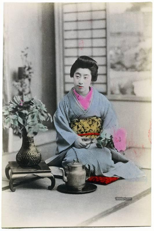 1899art Japan Geisha at Rest — Interior Genre Scene from the Meiji Era Handcolored 1900s 1899art. Historical photograph from the 1899art Archive.