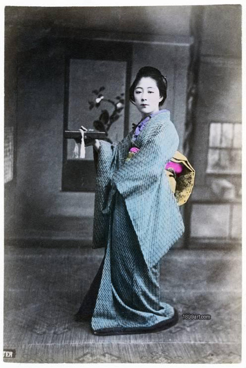 1899art Japan Japanese Woman holding a Wajima-nuri Handcolored 1900s 1899art. Historical photograph from the 1899art Archive.