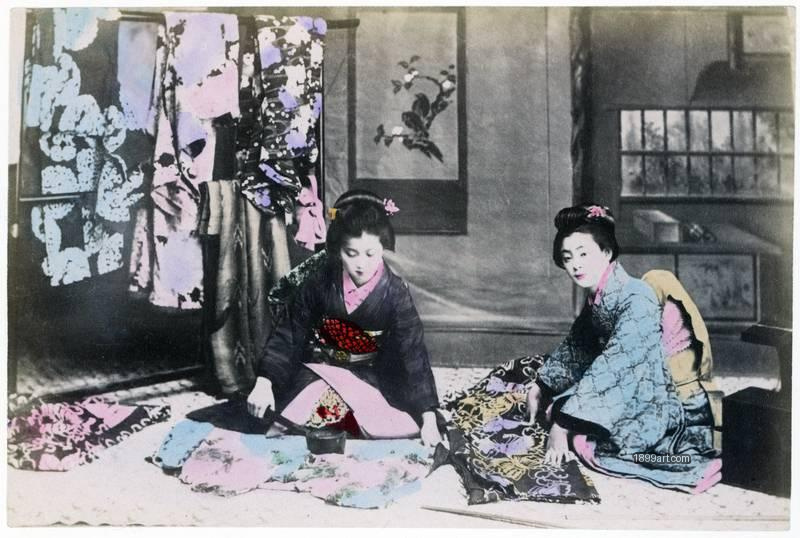 1899art Japan Kimbei Motif Dress Makers (No. 620) — Studio Genre Scene from the Meiji Era Handcolored 1900s 1899art. Historical photograph from the 1899art Archive.