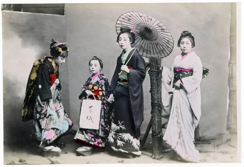 1899art Japan Sakura — Studio Group Portrait with Child Figure by Kusakabe Kimbei Handcolored 1900s 1899art. Historical photograph from the 1899art Archive.