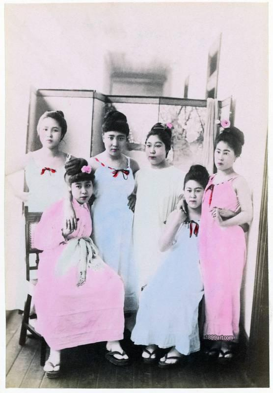 1899art JapanGirls associated with the Shimpuro (Shinpu-rō) brothel, Yokohama Handcolored 1900s 1899art. Historical photograph from the 1899art Archive.