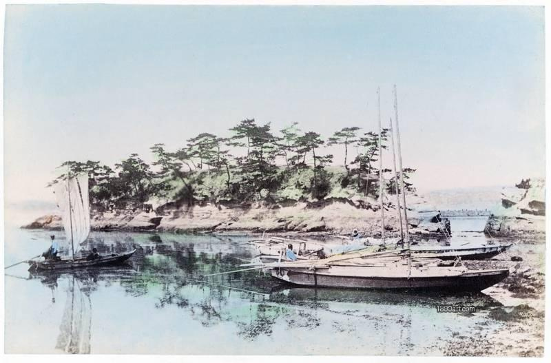 1899art Fishing Boats in Matsushima Bay at Miyagi Prefecture, Japan, Meiji period Handcolored 1900s 1899art. Historical photograph from the 1899art Archive.