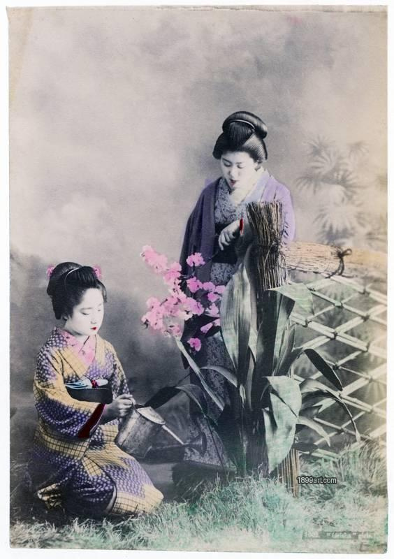 1899art Geisha Girls Japan, Meiji period Handcolored 1900s Enami 1899art. Historical photograph from the 1899art Archive.