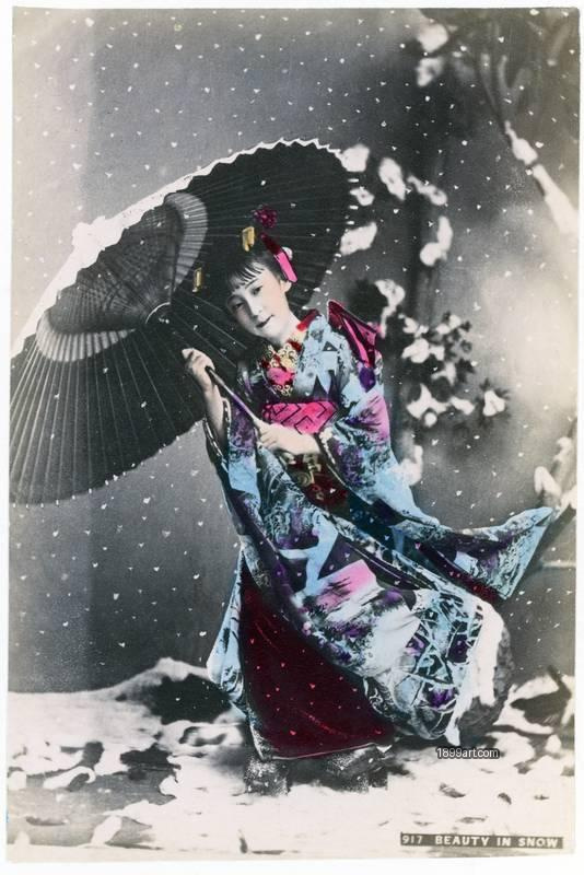 1899art No. 917 – Beauty in Snow By Kusakabe Kimbei, Japan, Meiji period Handcolored 1900s 1899art. Historical photograph from the 1899art Archive.