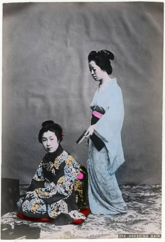 1899art Geisha Girls No. 776 – Dressing Hair Attributed to T. Enami, Japan, Meiji period Handcolored 1900s Enami 1899art. Historical photograph from the 1899art Archive.