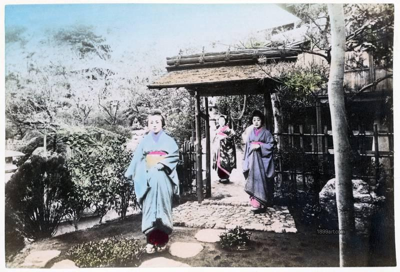 1899art Women Walking Through a Garden Gate Japan, Meiji period Handcolored 1900s 1899art. Historical photograph from the 1899art Archive.