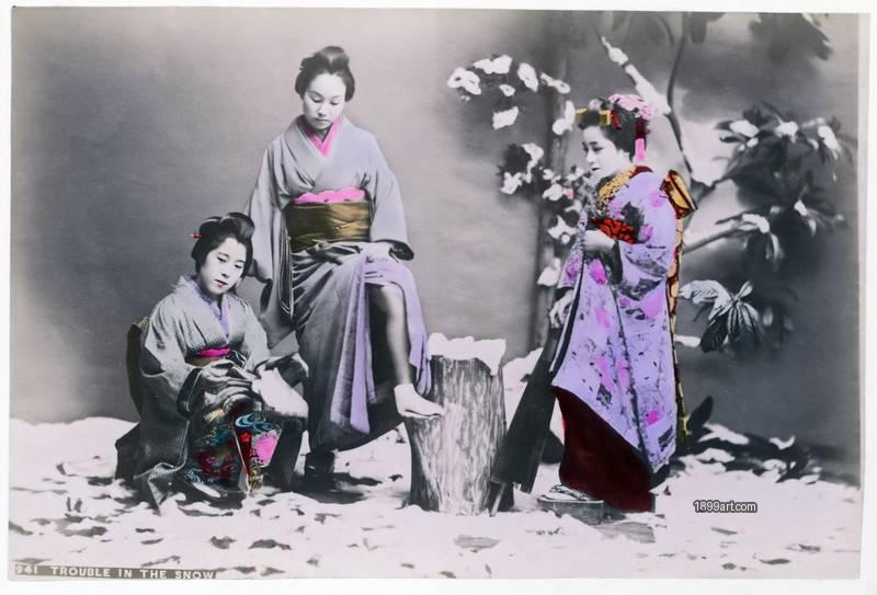 1899art Japan Meiko girls No. 941 – Trouble in the Snow By Kusakabe Kimbei, Japan, Meiji period Handcolored 1900s 1899art. Historical photograph from the 1899art Archive.