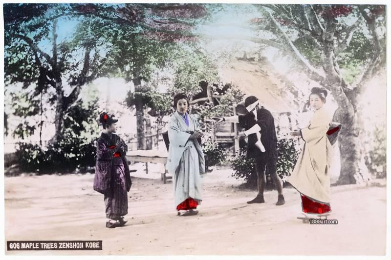 1899art Geishas Meikos No. 606 – Blindfold Game beneath the Maple Trees, Zenshōji, Kobe By Kusakabe Kimbei, Japan, Meiji periodHandcolored 1900s 1899art. Historical photograph from the 1899art Archive.