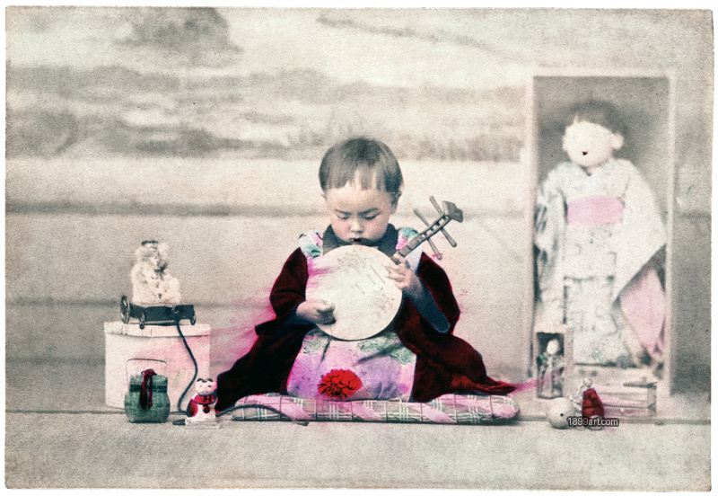 1899art Japan Child Musician with Dolls, Japan, Meiji Period (c. 1880) Handcolored 1900s 1899art. Historical photograph from the 1899art Archive.