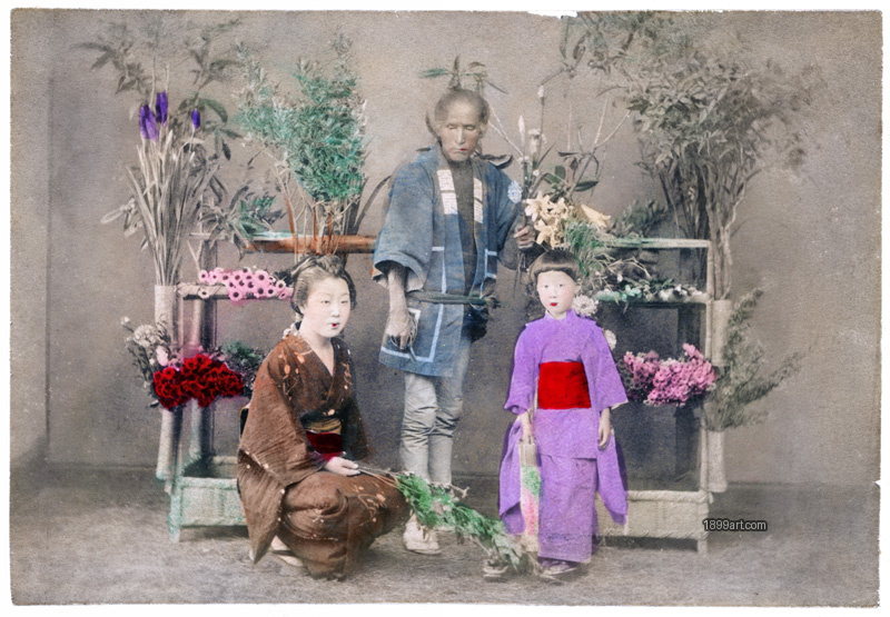 1899art Family of Flower Sellers, Japan, Meiji Period (c. 1890) Handcolored 1900s 1899art. Historical photograph from the 1899art Archive.