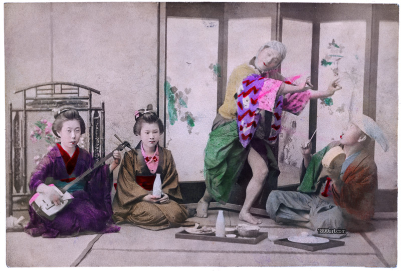 1899art Humorous Interior Scene with Musicians and Performers, Japan, Meiji Period (c. 1890) Handcolored 1900s 1899art. Historical photograph from the 1899art Archive.