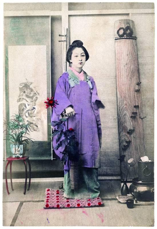 1899art Girl (B 1011), Japan, Meiji Period - Girl with Koto (c. 1890) Handcolored 1900s 1899art. Historical photograph from the 1899art Archive.