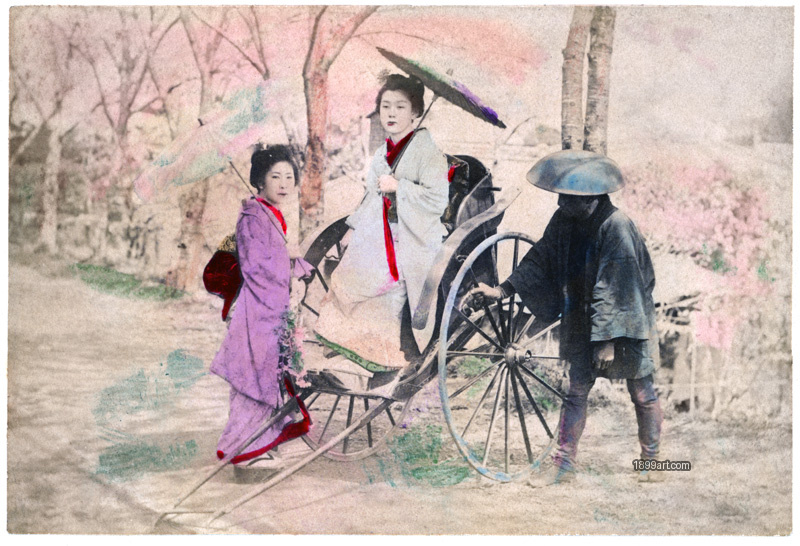 1899art Two Women with Jinrikisha and Driver, Japan, Meiji Period (c. 1890s) Handcolored 1900s 1899art. Historical photograph from the 1899art Archive.