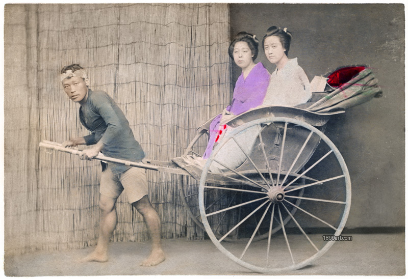 1899art Two Women in a Jinrikisha with Puller, Japan, Meiji Period (c. 1890s) Handcolored 1900s Enami 1899art. Historical photograph from the 1899art Archive.