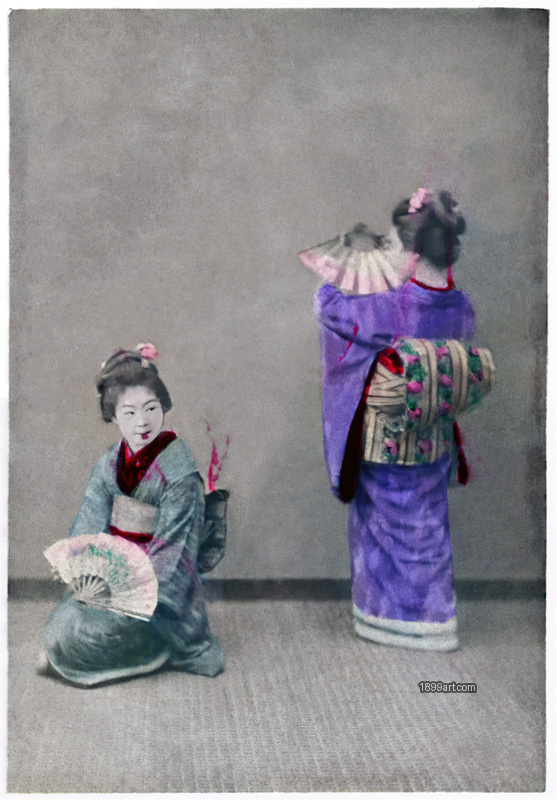 1899art Two Meiko with Folding Fans, Japan, Meiji Period (c. 1890s) Handcolored 1900s 1899art. Historical photograph from the 1899art Archive.