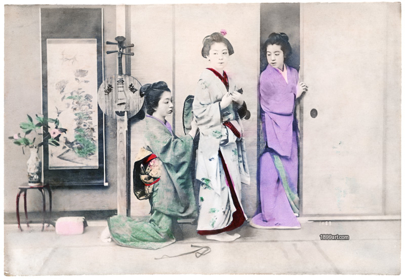 1899art Three Meiko in an Interior Scene with Shamisen, Japan, Meiji Period (c. 1890s) Handcolored 1900s 1899art. Historical photograph from the 1899art Archive.