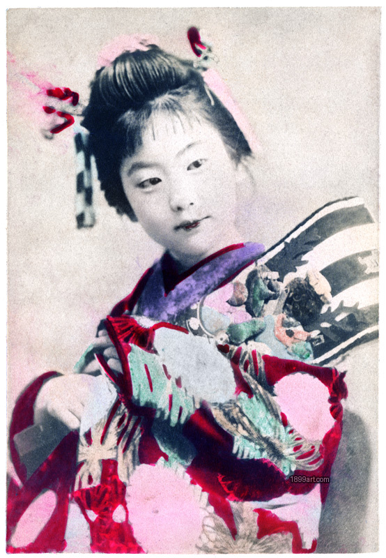 1899art Portrait of a Maiko with Fan, Japan, Meiji Period (c. 1890s) Handcolored 1900s 1899art. Historical photograph from the 1899art Archive.